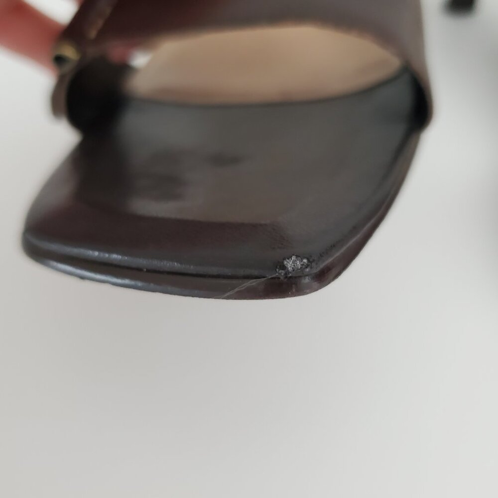NINE WEST Brown Leather Heeled Slide Sandals Square Toe Bronze Buckle Accent 8M - Picture 7 of 9